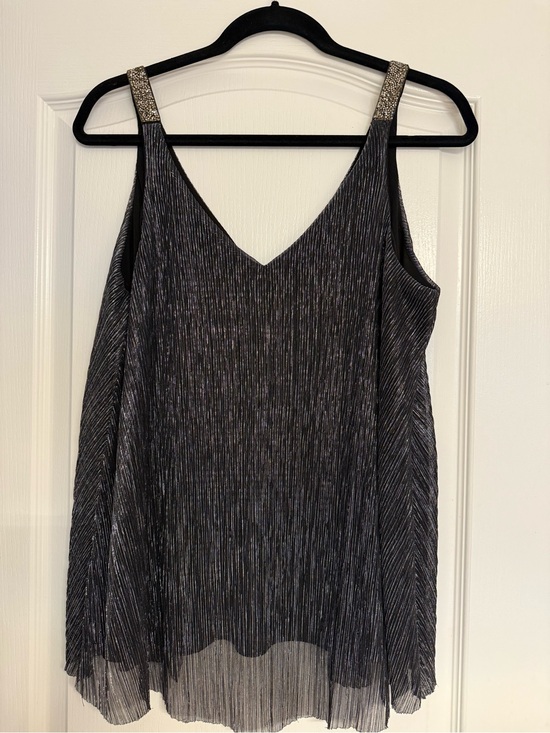 Melanie Lyne Tops - Sleeveless Shimmer V-Neck Black Metallic Camisole with Embellished Straps